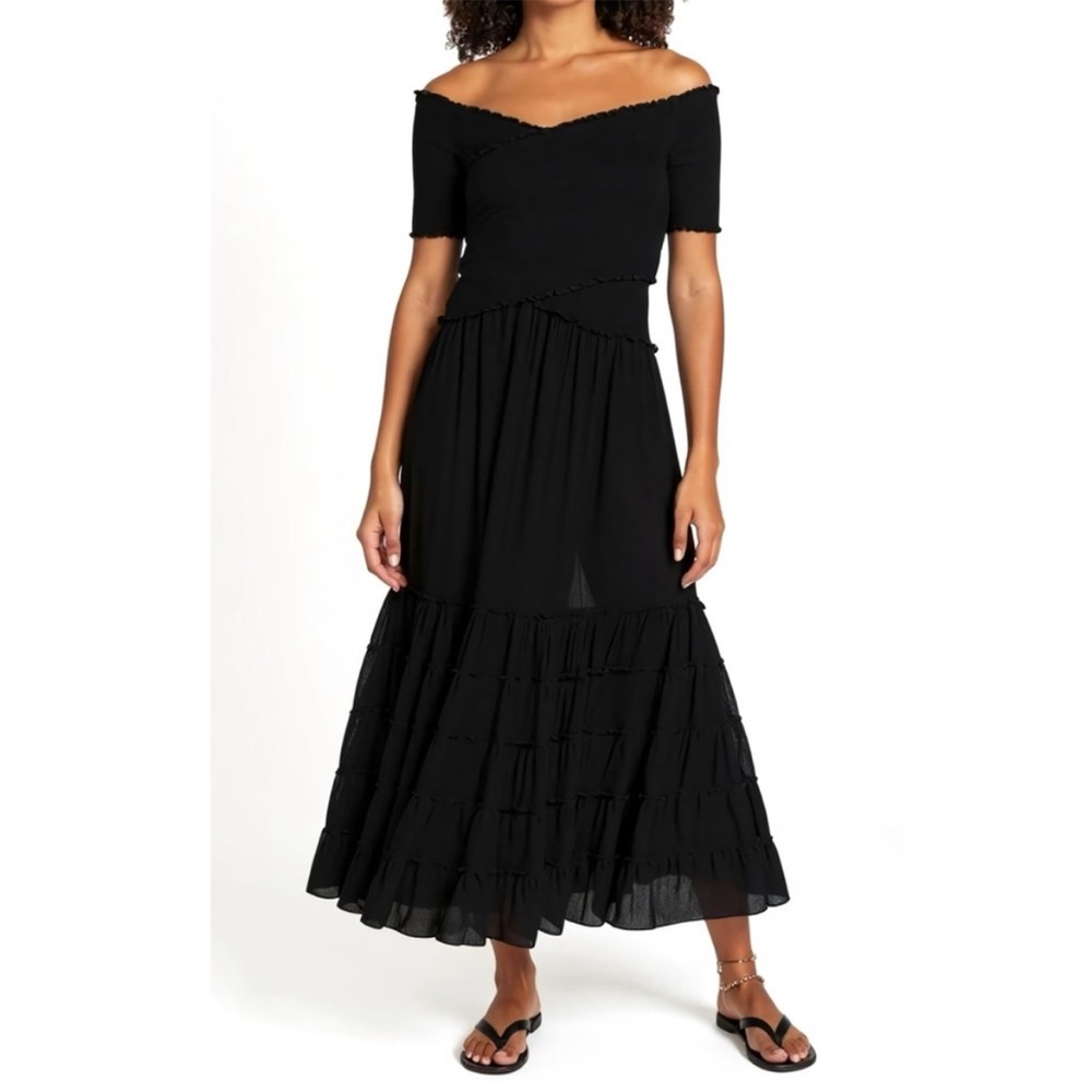Poupette St Barth Black Off-Shoulder Midi Dress